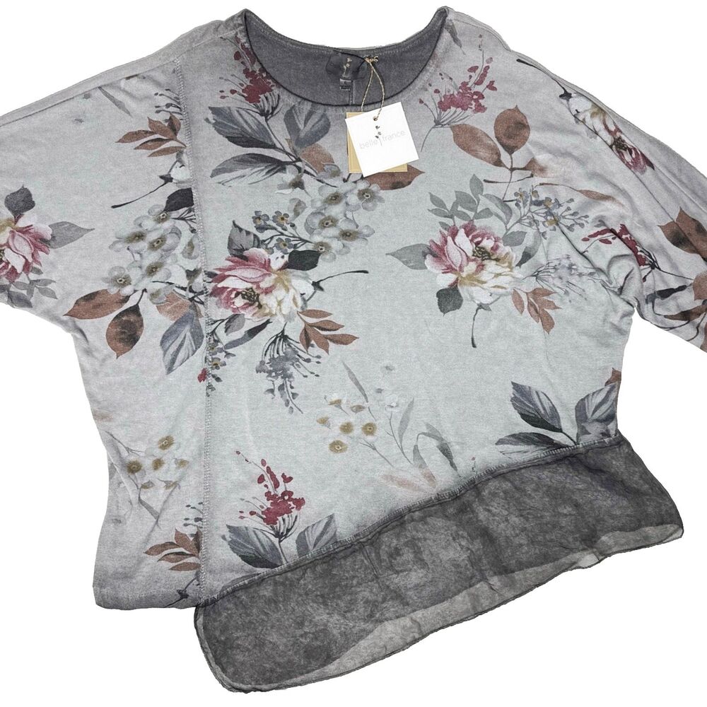 NWT Belle France Oversize Asymmetric Gray Floral Sweater Top Italy Made Women XL